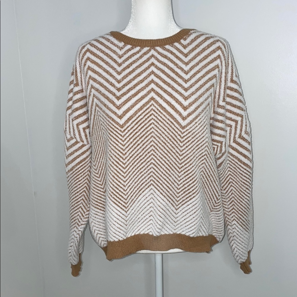 Lumiere Brown and White Crew Neck Sweater with Chevron Pattern